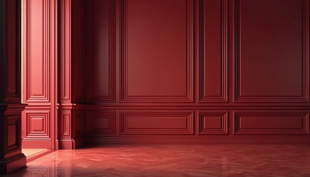 Luxurious deep red room interior with ornate wall paneling and polished wooden floor. Empty space with architectural detail and soft lighting. Classic elegance for design or background.