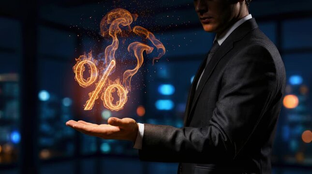Businessman&rsquo;s Hand with Fire Percent Sign. Business Concept of Growth, Finance, Investment, and Hot Offer