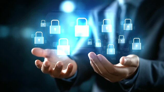 Access management specialist holding secure global industry symbols faceless professional defocused digital background identity verification systems authentication protocols