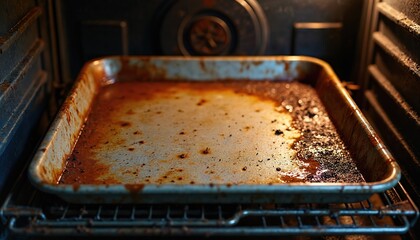 Used baking tray sits inside dirty oven. Grease, food remnants, and burnt stains cover metal surface. Appliance requires cleaning for better cooking results.