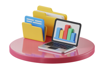 Laptop with business graph on screen and folders on red podium in 3D rendering with bright lighting for marketing presentation