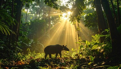 A solitary tapir walks through a lush green jungle during a golden sunrise with dramatic sunbeams filtering through the dense canopy illuminating the misty forest floor a serene wildlife encounter
