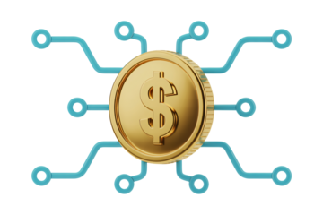 Golden Dollar Coin with Circuit Board Design in Modern Digital Finance on White Background for Financial Technology