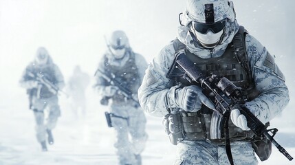 Naklejka premium Soldiers advance through blinding snowstorm, lead figure sharp in focus, difficult conditions of the far north, the Arctic, Antarctica.