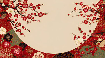 Luxurious Japanese Pattern Year of the Horse Plum Blossom Curved Frame New Year New Year's Card 2026 Stock Vector