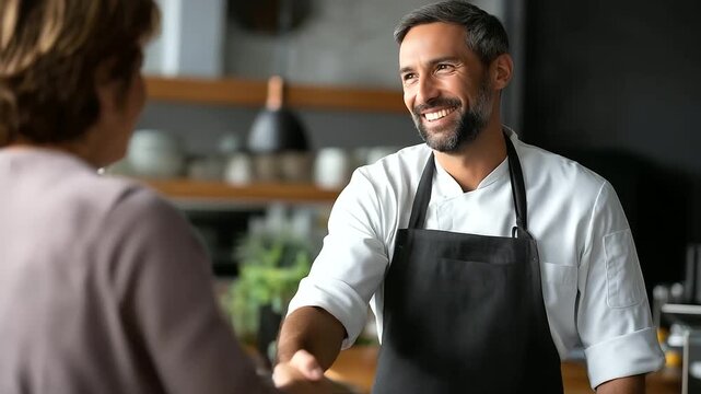 Amiable service technician in uniform greeting customer with handshake faceless professionals defocused modern kitchen background friendly client interaction home service visit
