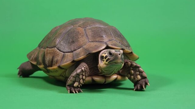 Close-up of a Box Turtle Walking Slowly on a Bright Green Surface