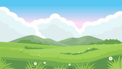 Fototapeta premium Spring Season Landscape, Green Field, Forest and Mountains under Cloudy Sky – 2D Vector Illustration