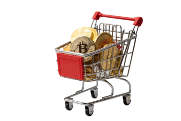 Bitcoin in shopping cart with red handle in modern minimalist style with bright studio lighting for cryptocurrency e-commerce