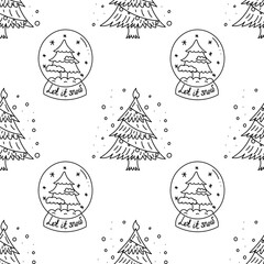 Doodle pattern of Christmas glass snow globes with christmas tree in black and white style