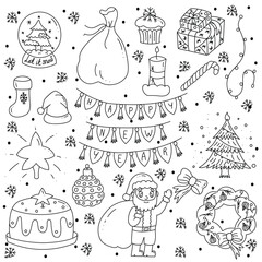 Set of cute doodle icon and stickers.Christmas,New Year designs.Star,glitter,Santa claus,Christmas tree,cake,Christmas wreath