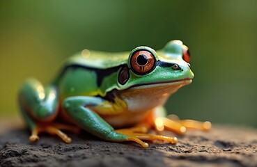 Obraz premium Green frog with big orange eyes sits on ground. Tiny amphibian rests on textured earth surface. Small wild creature basks in soft natural light.