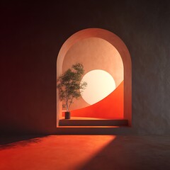 Sunlit archway with tree