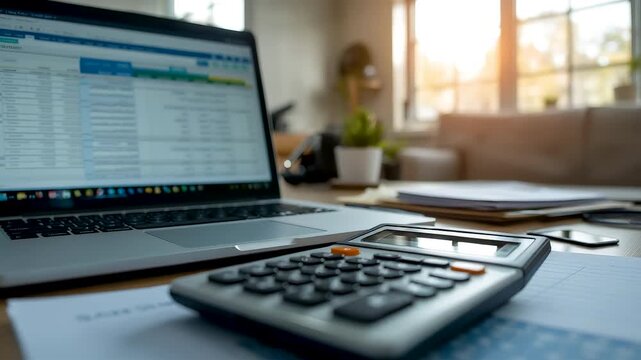 Financial workspace with laptop displaying spreadsheet and calculator on desk in warm daylight creating focused accounting and business analysis scene