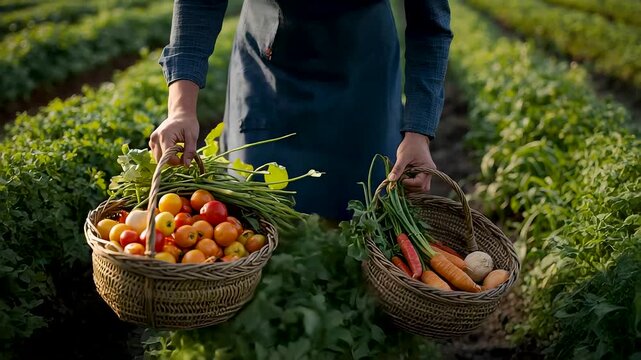 Farmer carrying baskets of freshly harvested vegetables across green crop field in warm sunlight showing organic food production and rural life