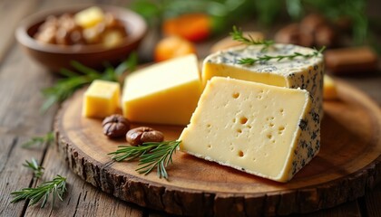 Assorted cheese varieties on rustic wood board with rosemary sprigs and nuts. Close-up of dairy products with textured surfaces. Culinary preparation for gourmet dining and food styling.