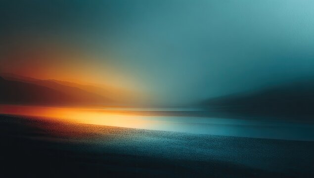 Abstract landscape featuring soft orange glow over blue-toned terrain and teal sky