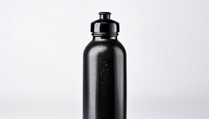 black water bottle with water droplets isolated on white background