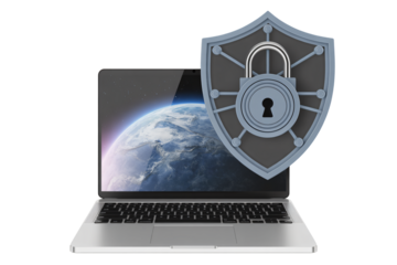 Laptop with shield and lock icon on screen in modern digital security concept with blue earth background for cybersecurity