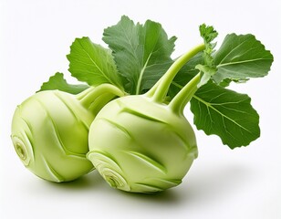 fresh kohlrabi vegetable with green leaves isolated on white background