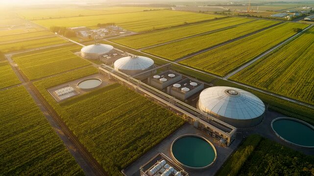 Biogas production facility with circular digesters surrounded by green farmland at sunset showing renewable energy infrastructure and rural sustainability