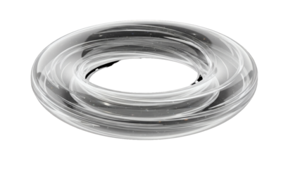 A transparent clear glass ring with intricate internal swirls creates a fascinating optical illusion against a deep black background.