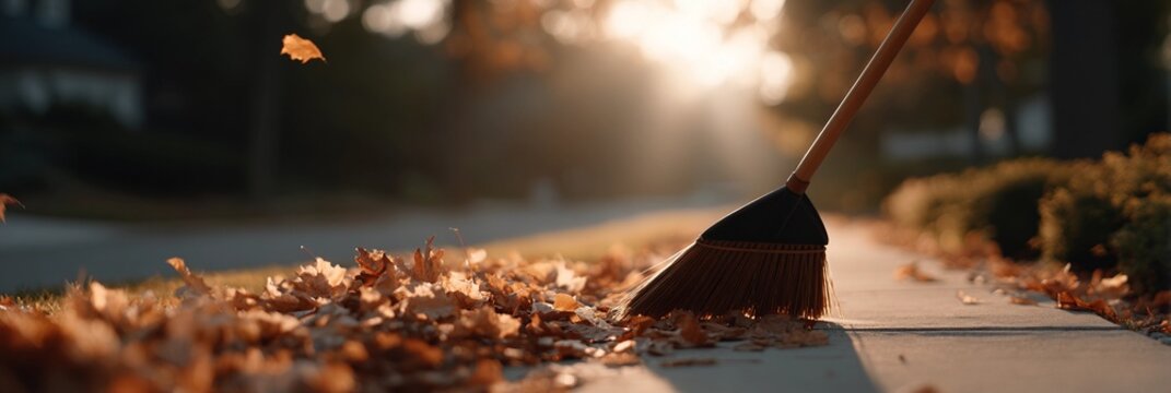 A street sweeper sweeps autumn leaves with a brush.