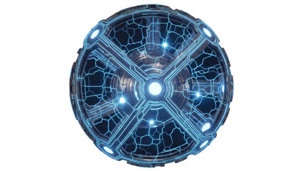 A vibrant blue glowing circular object with intricate circuit board patterns and a central light source.