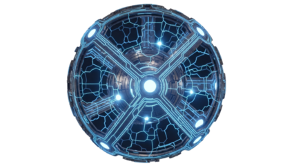 A vibrant blue glowing circular object with intricate circuit board patterns and a central light source.
