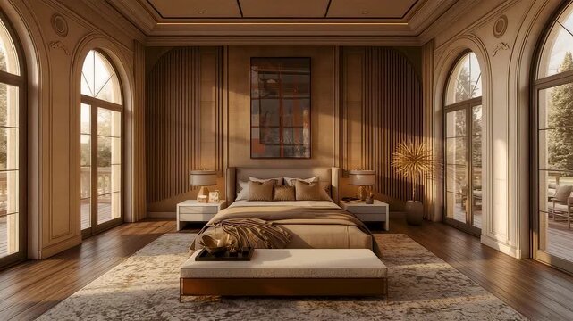 Elegant luxury bedroom interior with high ceilings warm natural light rich textures and classic architecture creating calm upscale living atmosphere