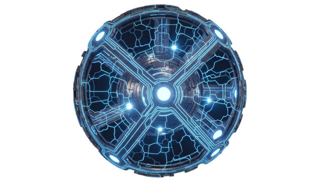A vibrant blue glowing circular object with intricate circuit board patterns and a central light source. - Powered by Adobe