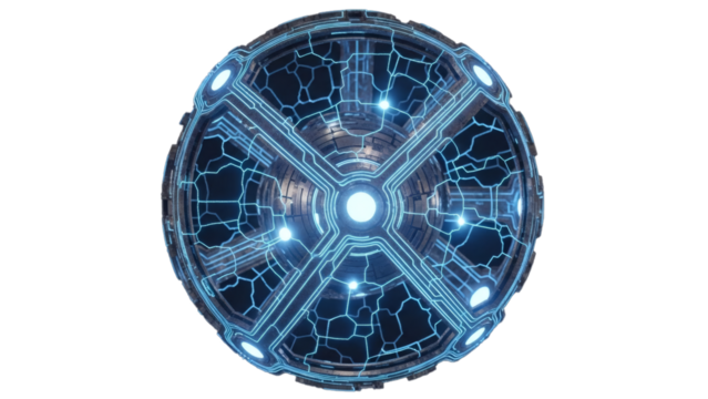 A vibrant blue glowing circular object with intricate circuit board patterns and a central light source. - Powered by Adobe
