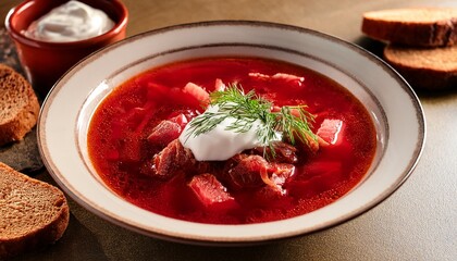 Delicious And Aromatic Red Soup With Meat Ukrainian Borscht With Sour Cream Dill And Pieces Of Lard On Bread Traditional Ukrainian Dish Cuisine