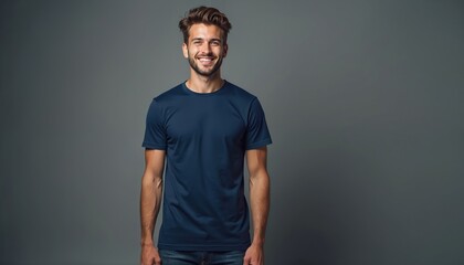 Obraz premium Young man wears plain dark blue t-shirt. He smiles happily, standing against a neutral grey background. Model shows good posture, his casual style is ready for fashion promotions or product display.