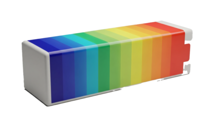 A rectangular block displaying a vibrant spectrum of rainbow colors against a dark background.