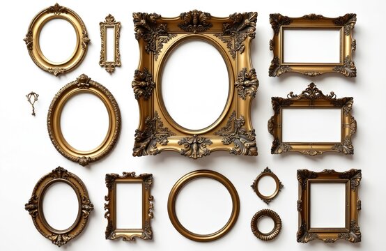 Collection of ornate gold antique picture frames arranged on white background. Includes various shapes oval round and square for art gallery or home decor. - Powered by Adobe