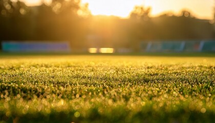 Vibrant Green Grass Close Up With Dew Drops Shimmering In Golden Sunlight On A Blurred Background On Soccer Field
