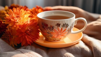 Cozy Cup With Vibrant Flowers Sits On Soft Cloth Enhancing Warm