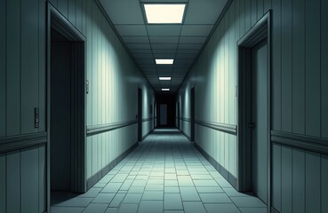Long empty corridor with doors on sides. Fluorescent lights illuminate tiled floor and walls receding into darkness. Creates a sense of mystery and isolation.