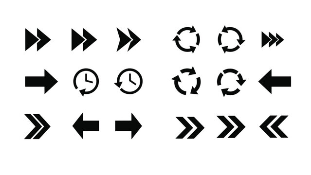 Collection of black arrow and circular rotation symbols on a white background