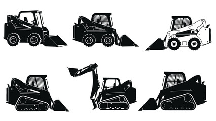 Illustrations of various skid steer loaders and compact track loaders in black and white © Nasima