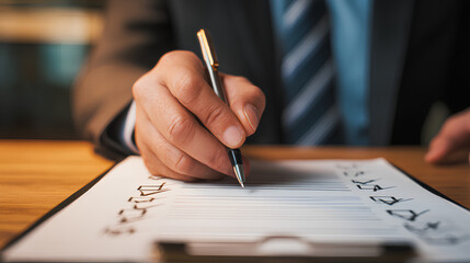 Online document validation and quality assessment management businessman reviewing checklist for business document evaluation consulting and market data report analysis