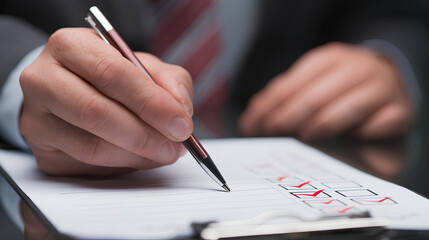 Fototapeta premium Online document validation and quality assessment management businessman reviewing checklist for business document evaluation consulting and market data report analysis