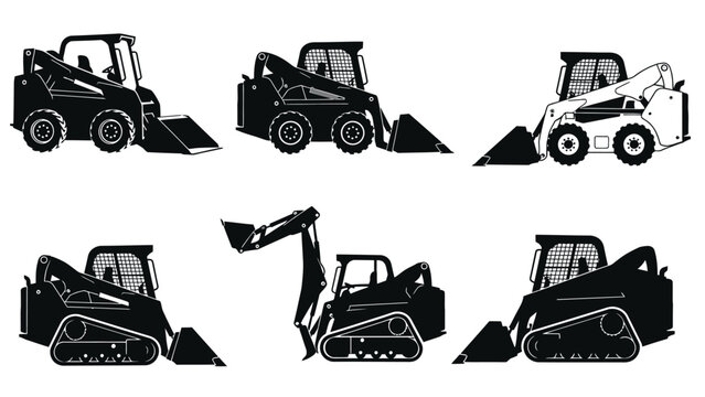 Illustrations of various skid steer loaders and compact track loaders in black and white