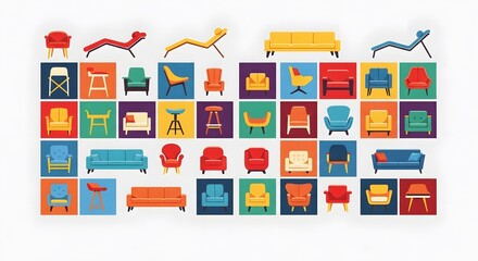 Fototapeta premium Photo of collection of colorful midcentury modern furniture pieces, including sofas, chairs, and stools, arranged in a grid pattern