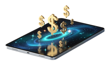 Dollar signs emerging from smartphone screen in futuristic blue glow with golden 3D effect for financial technology