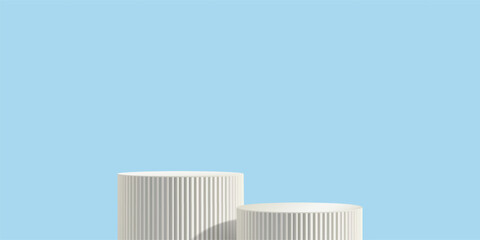 White poduim on sky blue bg, two ribbed pillar 3d column. Product marble stand, Light platform. Elegant pedestal, pastel cosmetic display. Museum stage exhibition, luxury abstract classic base set