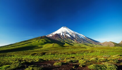Majestic Volcano Peak With Snow And Green Slopes Under A Clear Blue Sky