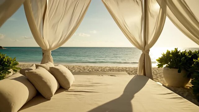 Serene beachside daybed with beige cushions and curtains, overlooking calm ocean waters at sunset, with potted plants and a warm atmosphere.