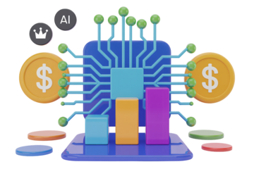 AI financial growth graph in modern circuit board design with dollar coins and colorful bars in bright blue lighting for business analytics